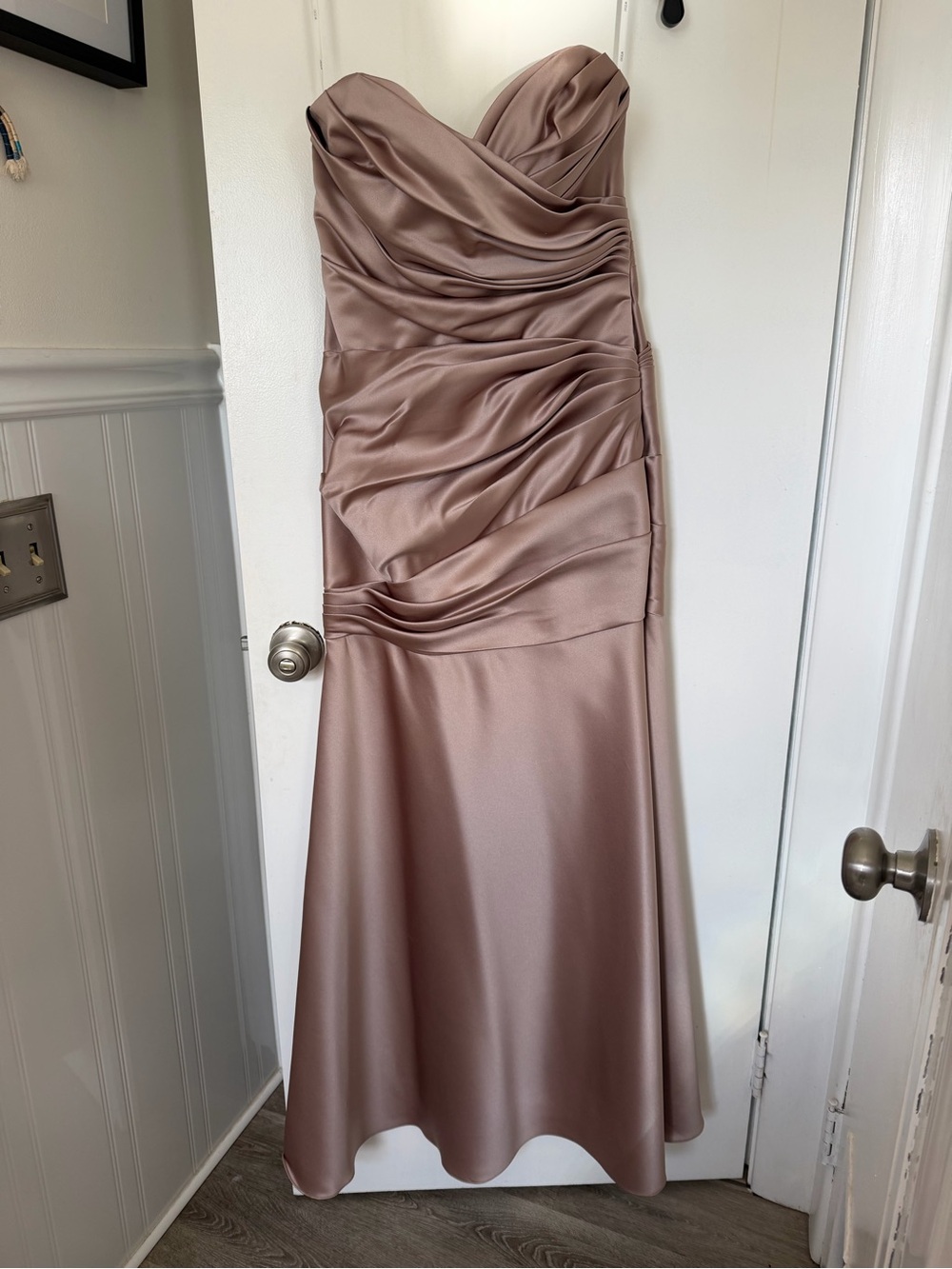 Wtoo Strapless Ruched Satin Gown in Warm Taupe